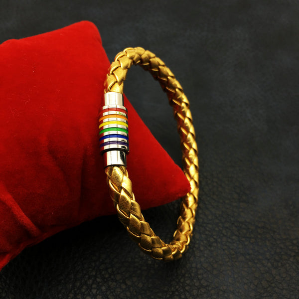 Gold Leather Bracelet With Rainbow Stainless Steel Clasp - Kay&P
