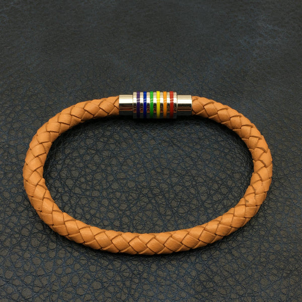 Coffee Leather Bracelet With Rainbow Stainless Steel Clasp - Kay&P