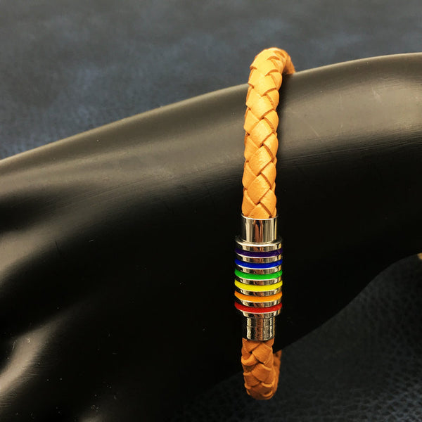 Coffee Leather Bracelet With Rainbow Stainless Steel Clasp - Kay&P