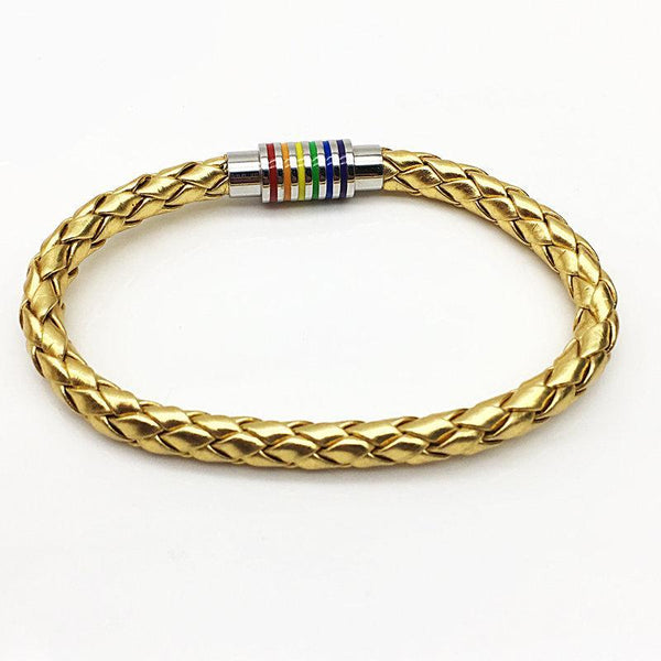 Gold Leather Bracelet With Rainbow Stainless Steel Clasp - Kay&P