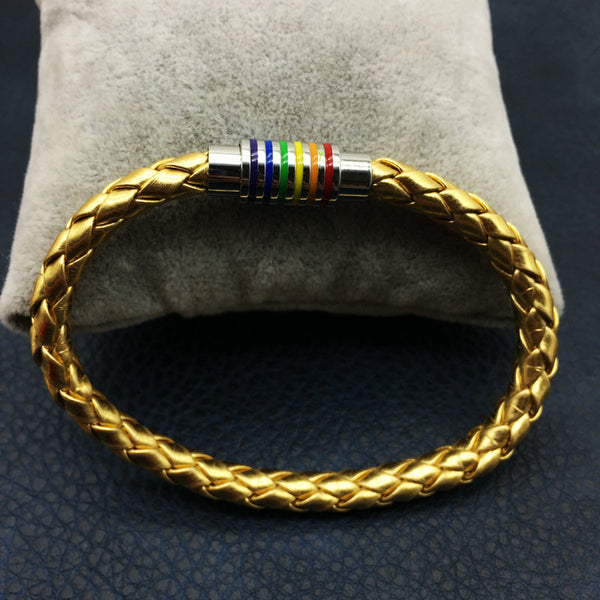 Gold Leather Bracelet With Rainbow Stainless Steel Clasp - Kay&P