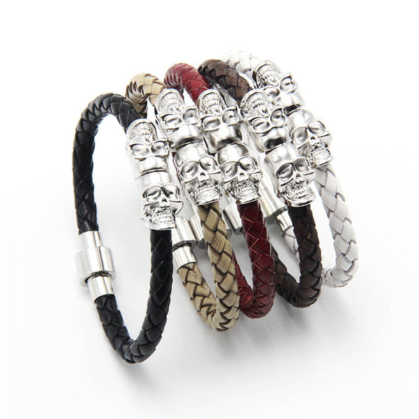 Leather Braided Bracelet with Skulls - Kay&P